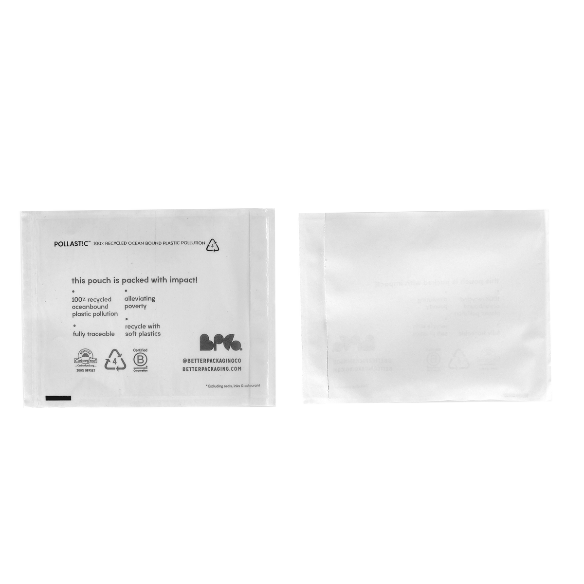 Front and back of a Better Packaging POLLAST!C Labelope on a transparent background